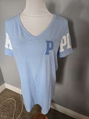 Light Blue V-Neck Graphic Tee Dress with White Sleeve Letters